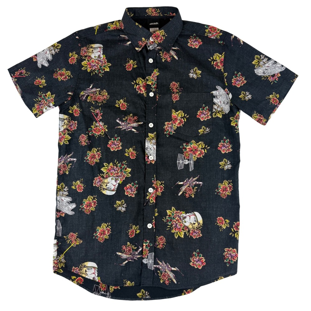 Star Wars Button Down Shirt Mens Small Black Floral Stormtrooper Tropical X-Wing